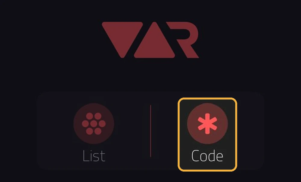 اختيار Code في تطبيق VAR Player