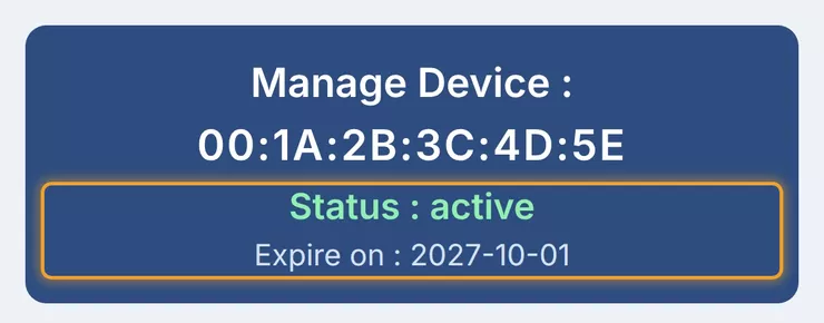 صفحة الجهاز بعد التفعيل: Status : active وتاريخ الانتهاء
